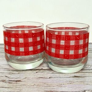 Vintage 70s Libbey Gingham Juice Glass Red and White Set of 2